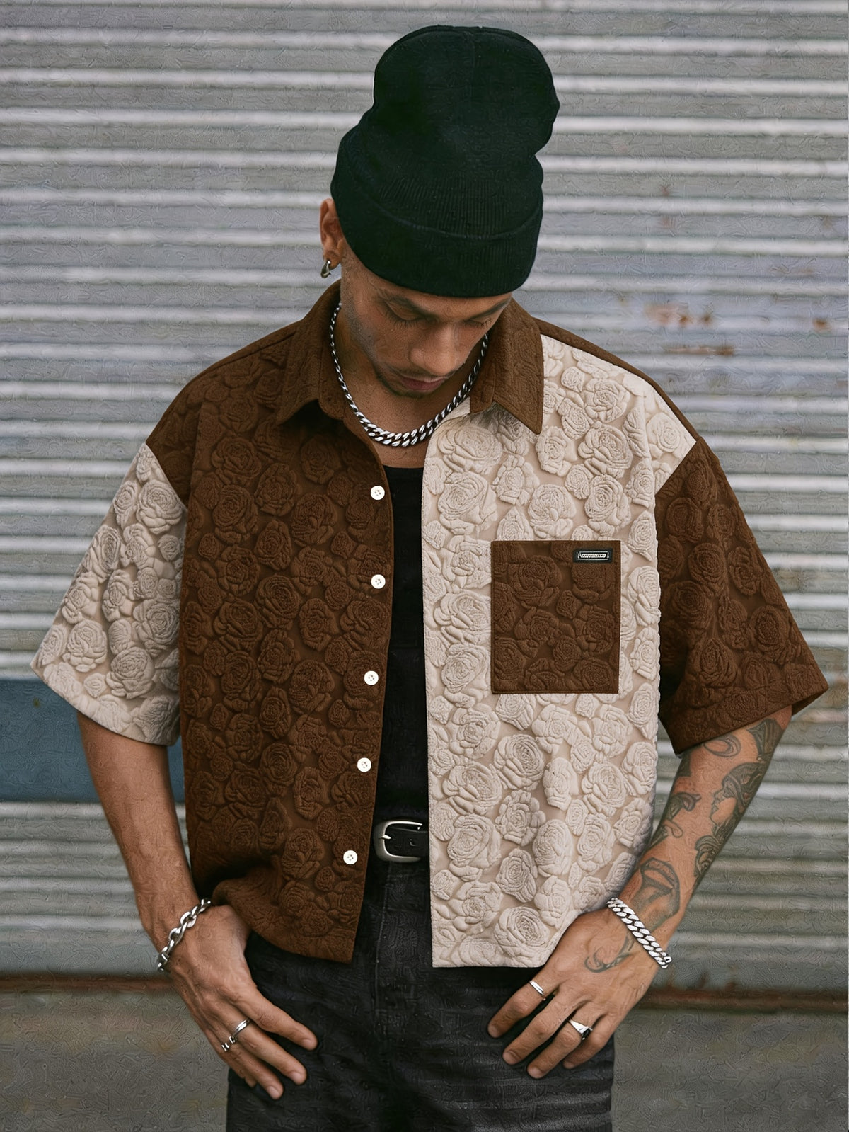 The Color-Block Rose Embossed Shirt — worn
