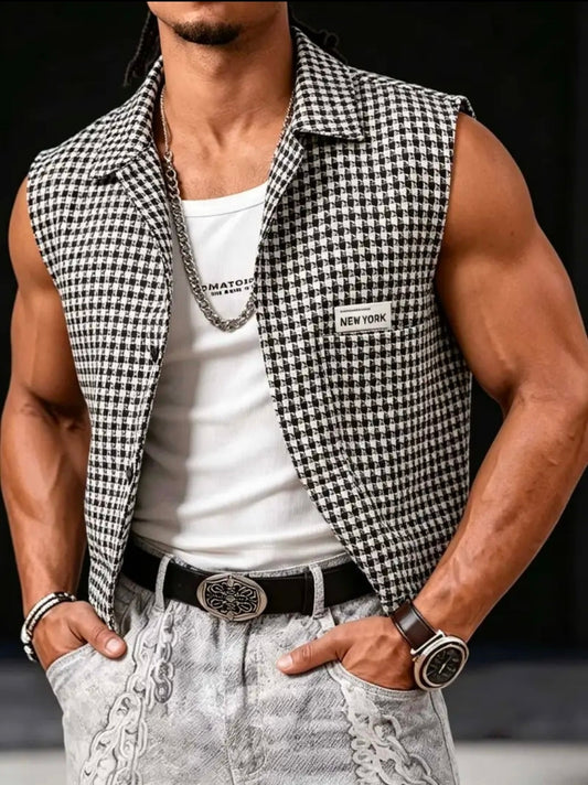 The Houndstooth Vest with Lapel, worn open over a white tank top