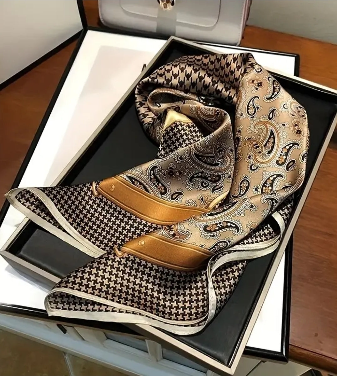 The Square Scarf — Coffee Paisley & Houndstooth