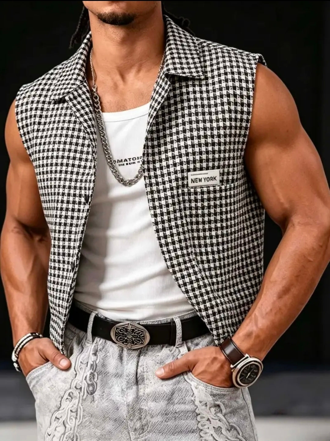 The Houndstooth Vest with Lapel, worn open over a white tank top