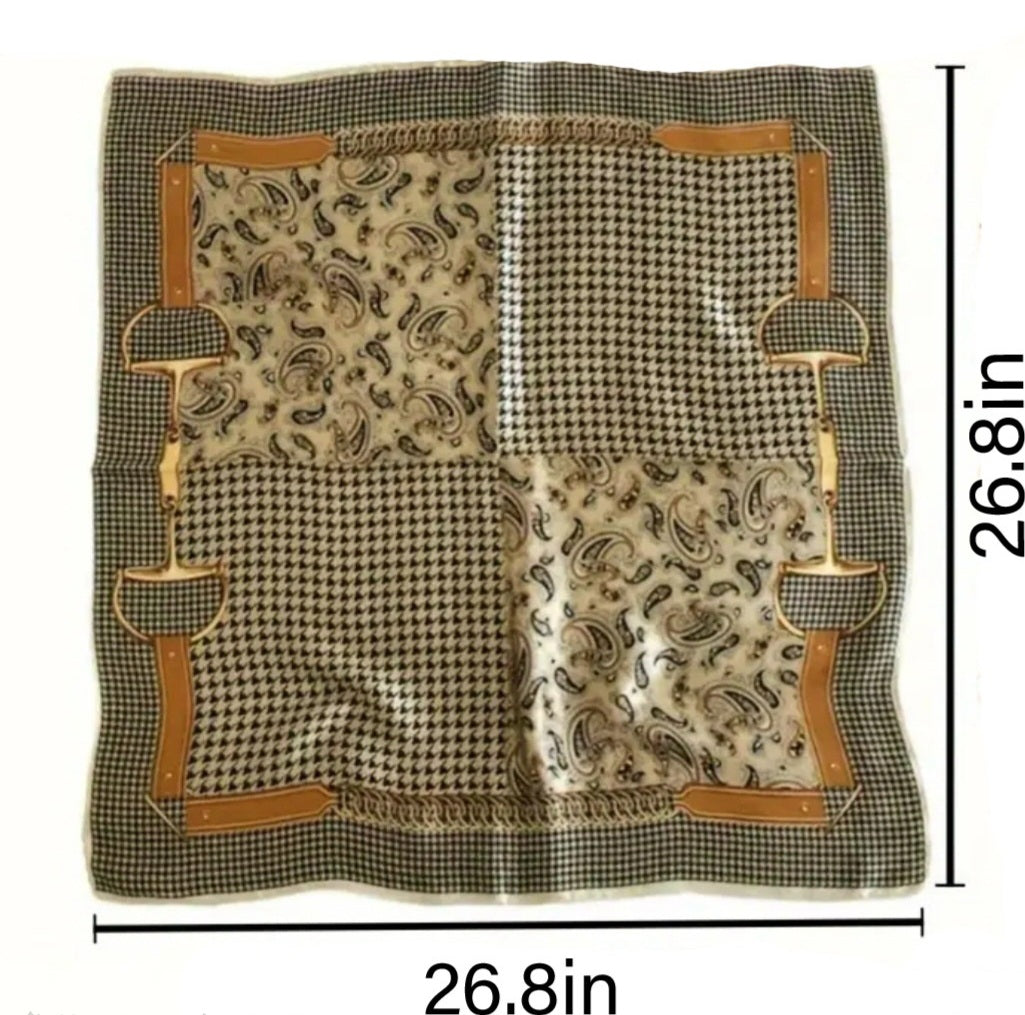 Paisley, Houndstooth, Multi-Pattern/Coffee Color Square Scarf