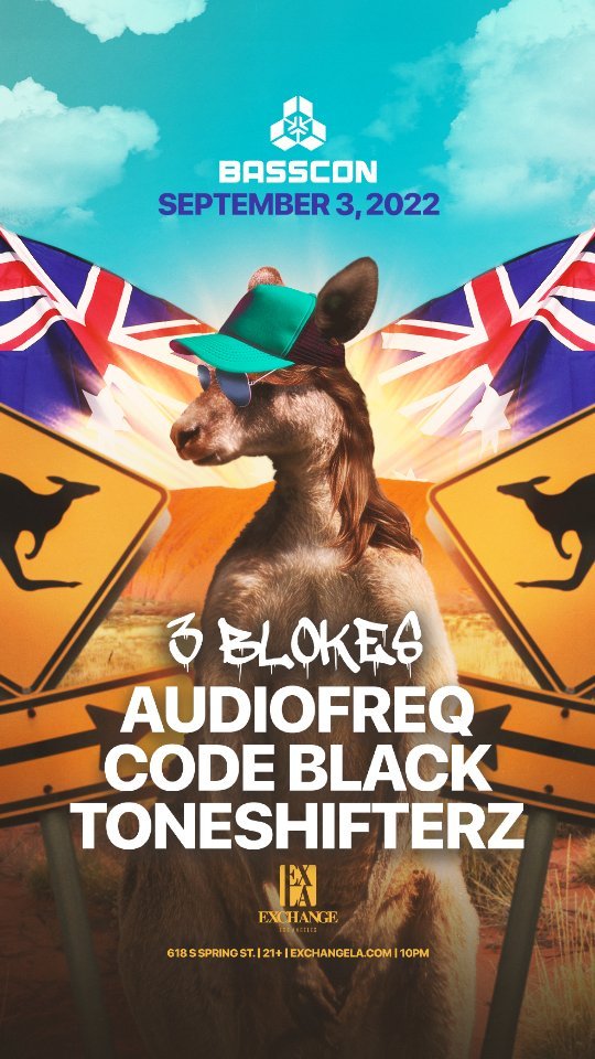 Gather your @basscon crew & take a trip down under with The 3 Blokes! 🦘 @audiofreqdj, @codeblackmedia & @toneshifterz h…