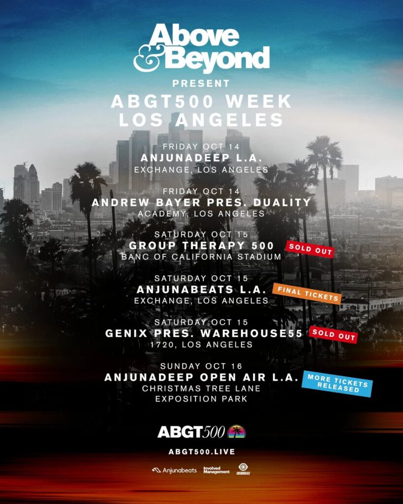 We can’t wait to reunite with our #anjunafamily for #ABGT500 Week #LosAngeles! 🌟 Meet us at the @anjunadeep Preparty Fr…